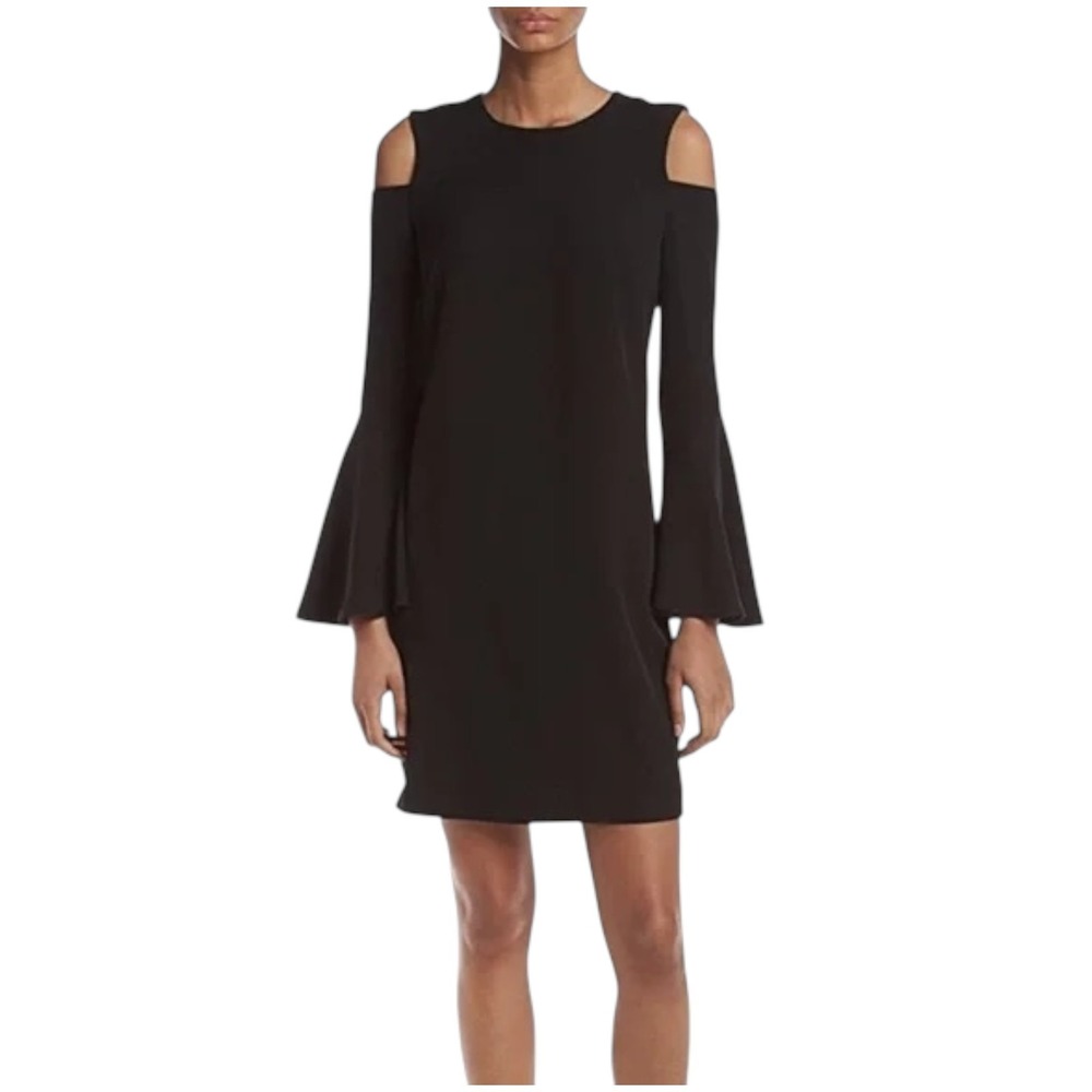Calvin Klein Cold Shoulder Dress Sz 4 Black Bell Sleeves Cocktail Evening Party
